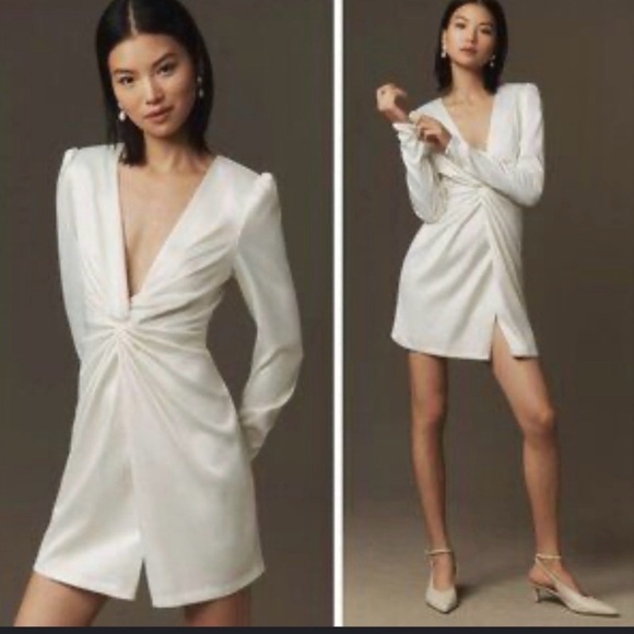 BHLDN Ivory Satin Long Sleeve Twist Front Mini Dress Size L NWT - Picture 2 of 6